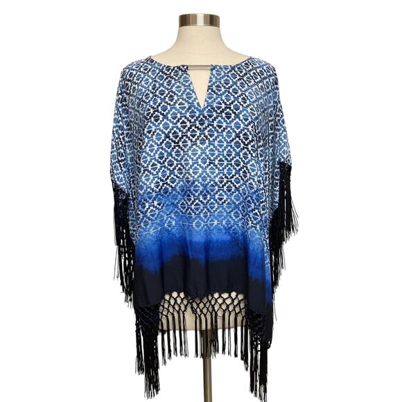 Womens Chico’s Light Weight Poncho Geometric Print with Fringe Blue One Size - Picture 2 of 8